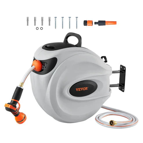 Wall-Mounted Auto-Rewind Hose Reel | Space-Saving • No More Tangles