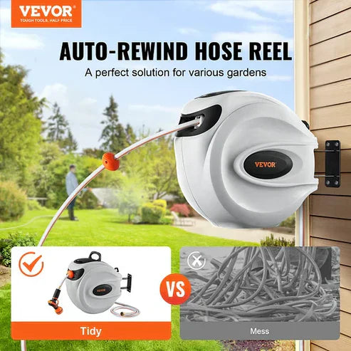 Wall-Mounted Auto-Rewind Hose Reel | Space-Saving • No More Tangles