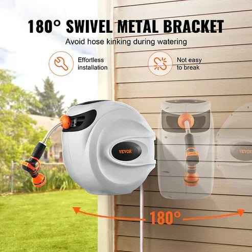 Wall-Mounted Auto-Rewind Hose Reel | Space-Saving • No More Tangles
